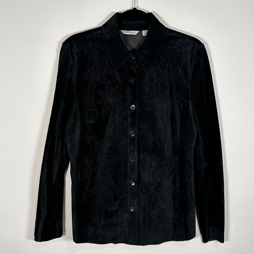 Beautiful Black Flower Embroidered Genuine Leather Suede Button Down Shirt Sz M